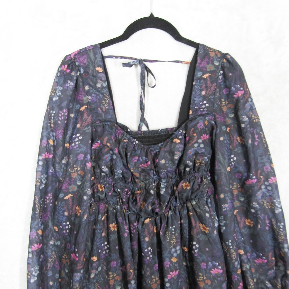 Disturbia Dark Floral Mini Dress Long Balloon Sleeve Smocked Tie Back US 4 y2K - Picture 2 of 11